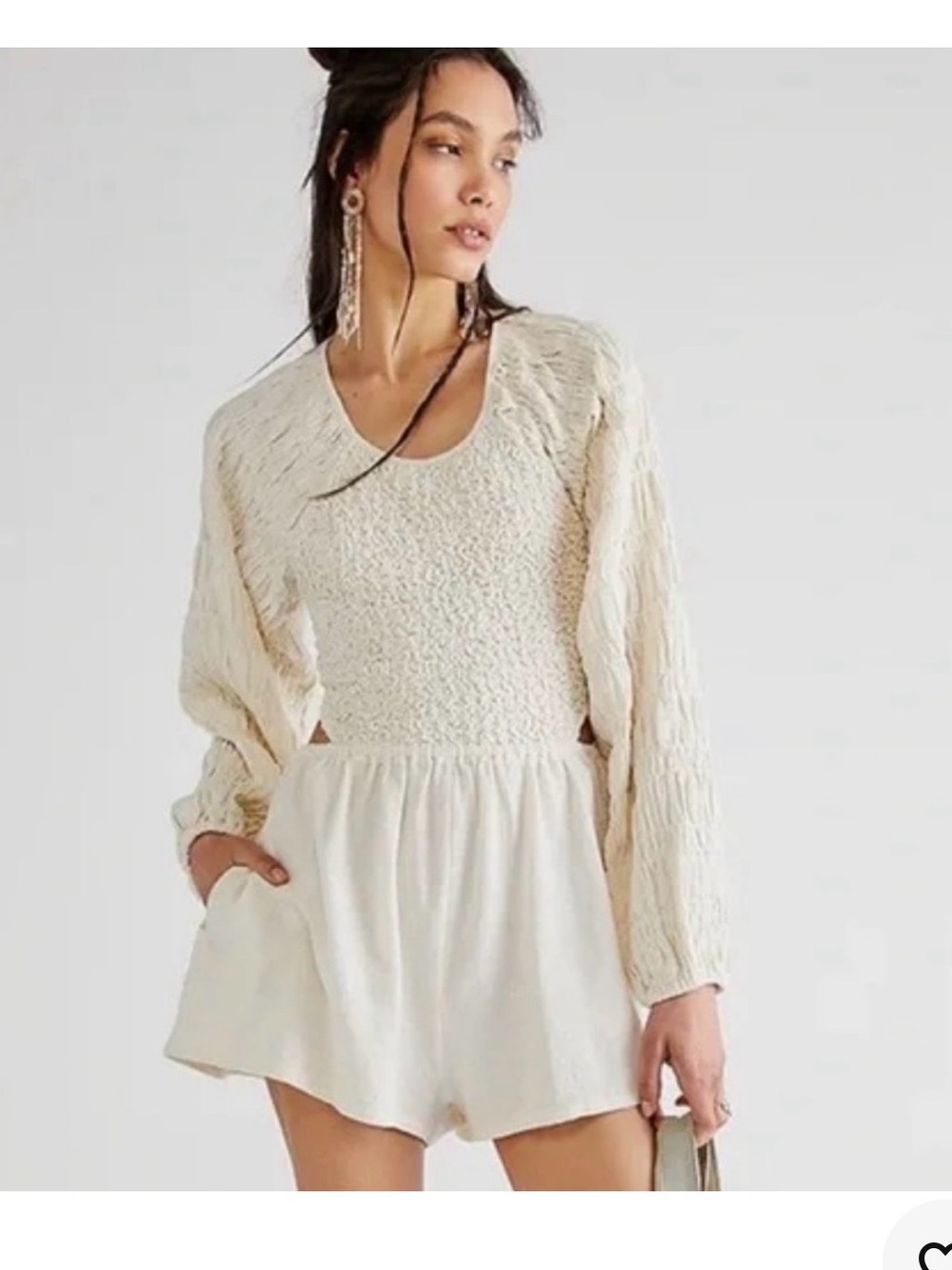 Womens Cream Textured Long-Sleeve Romper Dress